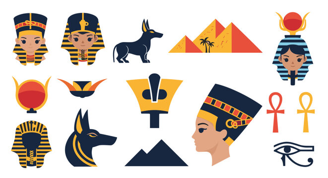 Collection of traditional Egyptian symbols including pharaoh masks, pyramids, Anubis, and the Eye of Ra on a white background.