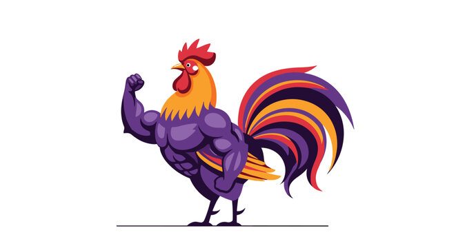 Powerful and muscular rooster character with purple feathers shows off his biceps in a funny fitness mascot illustration.