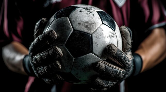 Soccer player in maroon jersey holds a worn black and white soccer ball with gloved hands, showcasing focus and readiness for the game in a dramatic lighting setup