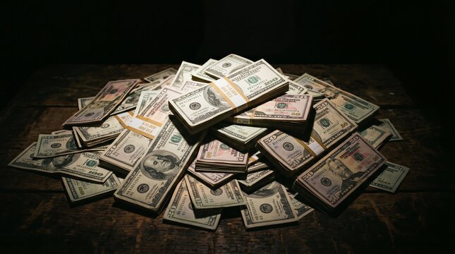 Stack of us dollar banknotes on a dark wooden table
