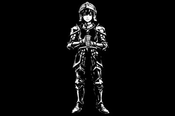 Fototapeta premium Teen armored knight front view isolated on black background line art fantasy character