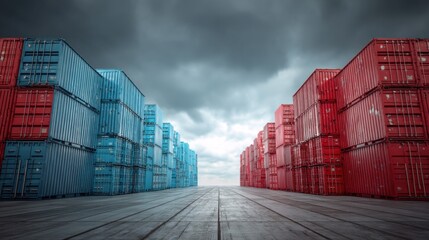 Fototapeta premium Blue and red shipping containers arranged in rows on a concrete dock under a cloudy sky, creating a symmetrical and industrial scene
