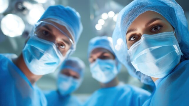 Group of four medical professionals in blue scrubs and masks looking down at the camera in an operating room with surgical lights in the background