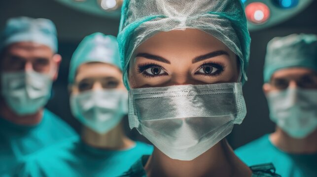 Female surgeon in surgical mask and cap stands confidently in front of three male colleagues wearing scrubs and masks in an operating room with bright overhead lights