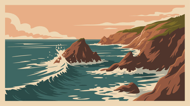 Coastal cliff waves crashing rocks scenic ocean landscape illustration, dramatic seashore cliffs with vegetation, serene sunset sky art