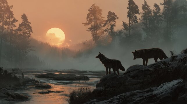 Two wolves standing on rocky shore near a river at sunset, surrounded by misty forest and silhouetted trees against an orange sky