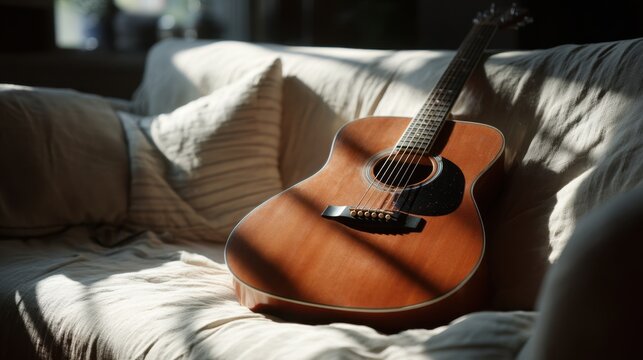 Acoustic guitar resting on a light-colored sofa with soft cushions, sunlight casting shadows across the fabric and highlighting the wood grain of the instrument