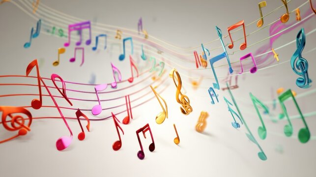 Colorful musical notes in various shapes and sizes floating above a smooth surface, creating a dynamic and vibrant visual representation of music and sound