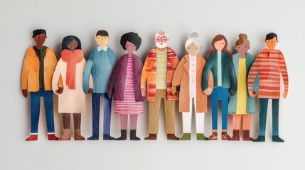 Obraz premium Diverse group of illustrated characters standing together, showcasing various hairstyles and clothing styles, arranged in a line against a light background
