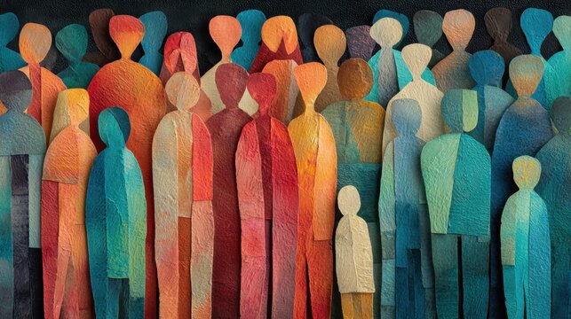 Abstract illustration of diverse human figures in vibrant colors, representing unity and community, with layered textures and a dark background enhancing visual depth