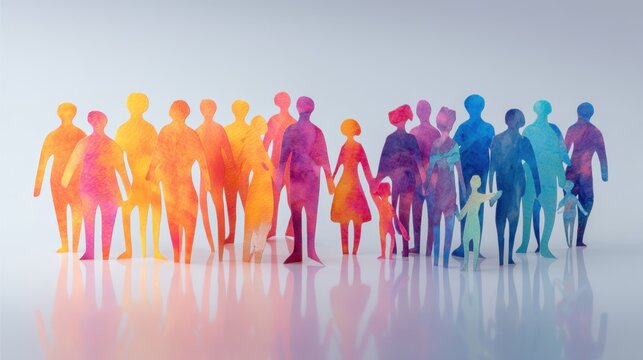 Colorful silhouettes of diverse people standing together, representing unity and community, with a soft gradient background enhancing the visual appeal