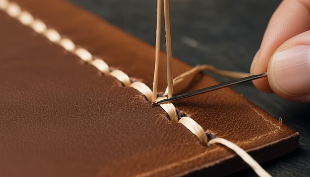 Leather Crafting: Manually Stitching Brown Leather with Focused Precision