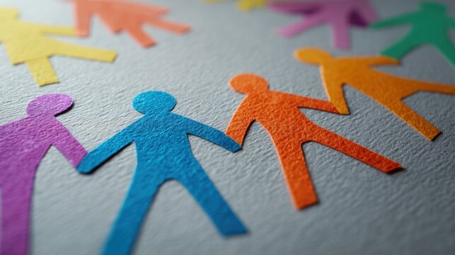 Colorful paper cutouts of people holding hands in a chain on a textured gray background, symbolizing unity and diversity in a creative design concept