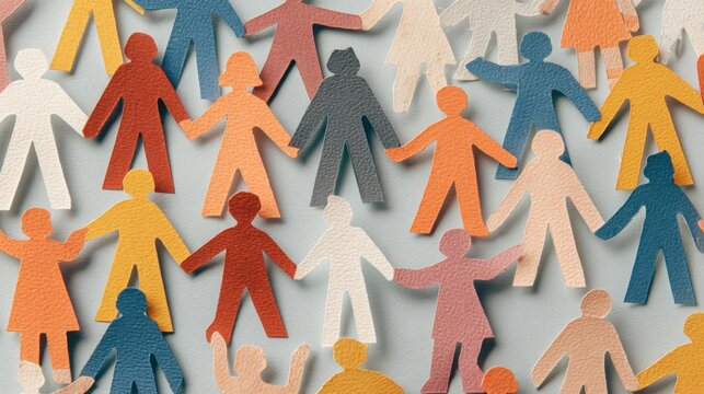 Colorful paper cutouts of diverse human figures holding hands, arranged in a pattern on a textured background, symbolizing unity and togetherness