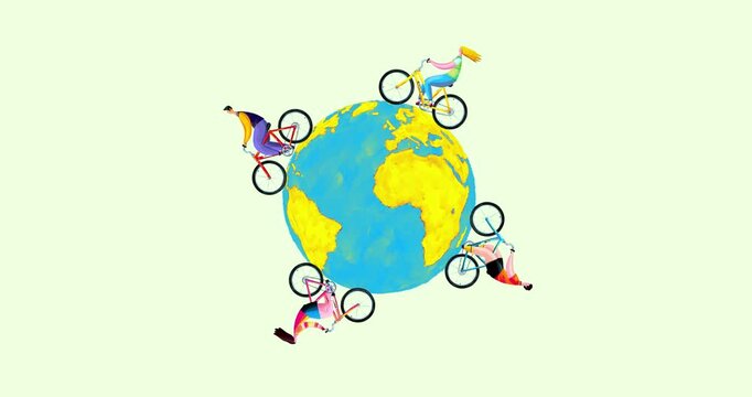 Women and men quartet animated riding a bicycle around the earth. Paint hand made cartoon style crayon and oils. Good for titles journey travel theme. Motion design graphic animation isolated loop.

