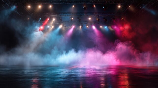 Colorful stage lighting with smoke effects illuminating a dark venue, creating a vibrant atmosphere for performances or events in a concert hall