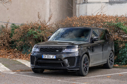Nancy, France - December 4th 2025 : View on a black Land Rover Range Rover Sport SVR parked on a parking lot.