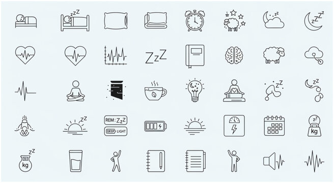 Collection of sleep and rest related icons for health and wellness.