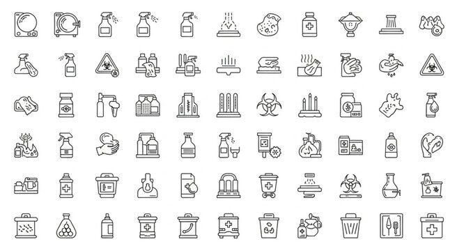 Collection of various hazardous waste and chemical icons in outline style.
