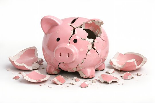Cracked piggy bank symbolizing financial loss and broken savings on white background, representing economic hardship and money management failure with scattered ceramic pieces