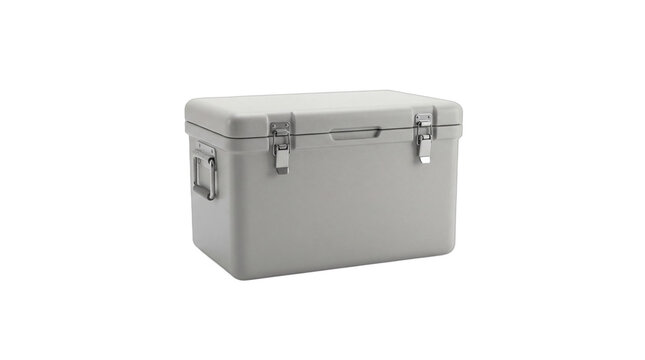 Durable Grey Portable Ice Chest with Metal Latches for Camping and Outdoor Activities, Heavy Duty Cooler Box Isolated on White Background Studio Shot
