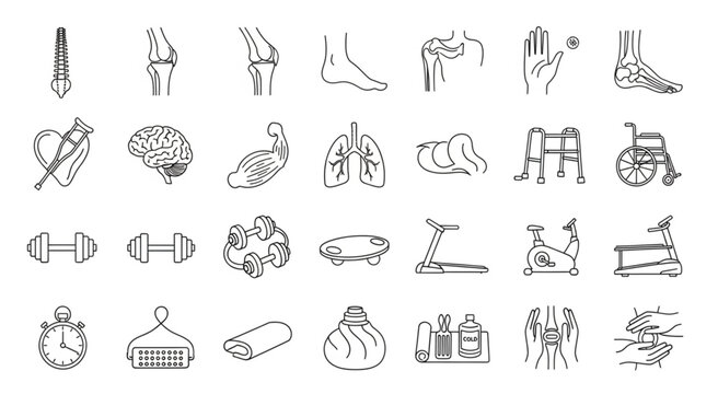Medical and fitness icons depicting various aspects of health and wellness.