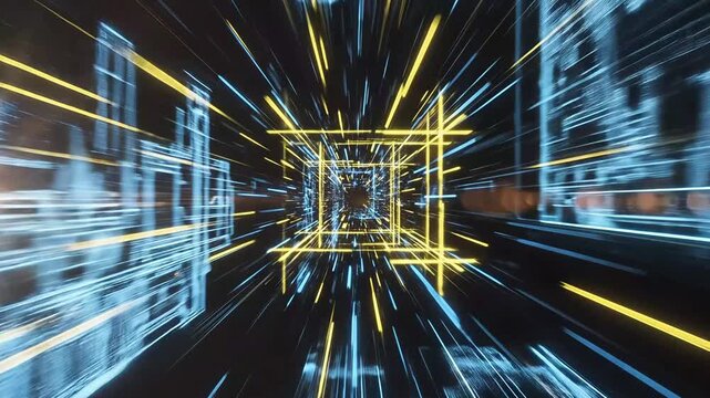 Flying rapidly through a futuristic digital tunnel featuring glowing yellow and blue light beams in dark space