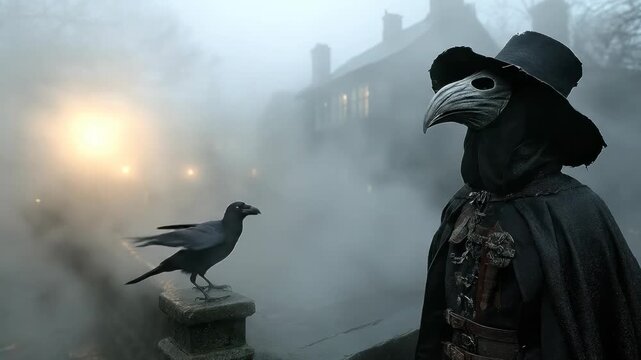 Plague doctor figure, beak masked character turning head towards a raven standing upon old stone balustrade, glowing lamp illuminating dense ground mist, mysterious creepy atmosphere.