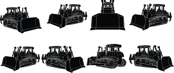 Detailed bulldozer silhouettes with white outlines isolated on white background, heavy construction machinery icons, crawler tractor vector illustrations for industry. © MDMORSALIN