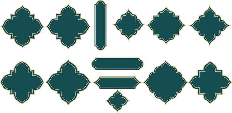 Decorative geometric motif icon collection with quatrefoil diamond ornate pattern artwork, teal gold vector template set