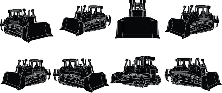 Detailed bulldozer silhouettes with white outlines isolated on white background, heavy construction machinery icons, crawler tractor vector illustrations for industry.