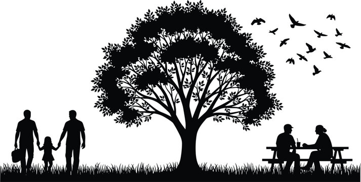 Diverse collection of family walking silhouettes, people sitting at picnic table under large tree, and flying birds for outdoor adventure