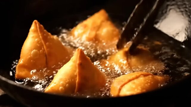 Crispy golden samosas sizzling in hot oil, a popular Indian snack being deep-fried to perfection