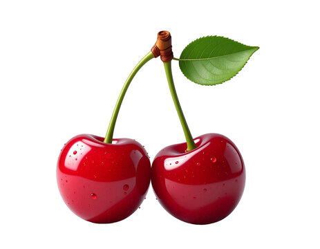 Bright red cherries with smooth glossy skin and fresh green stem