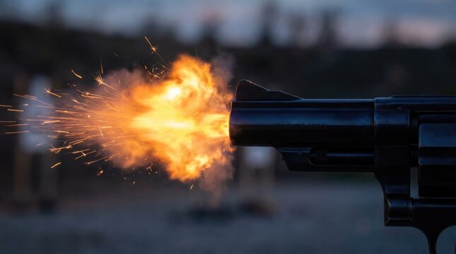 Close-up shot of a gun with flames or sparks coming out