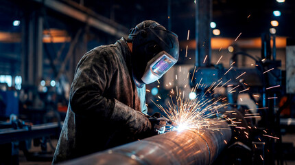 Naklejka premium Welder welding metal factory spark protective helmet Industrial welder welding metal pipe factory workshop, bright spark