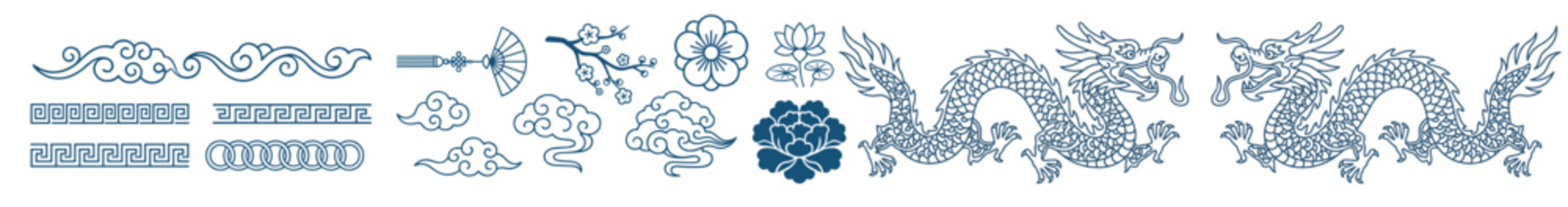 chinese dragon ornament icon set, asian traditional pattern decoration cloud wave floral border mythology symbols collection on transparent background