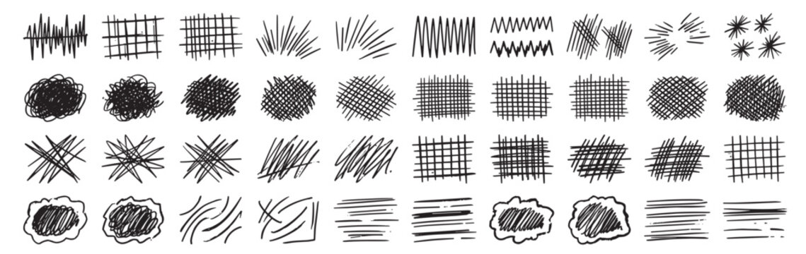 handdrawn brush texture set, scribble sketch stroke line grunge abstract doodle pattern hatch crosshatch shading elements collection on transparent background