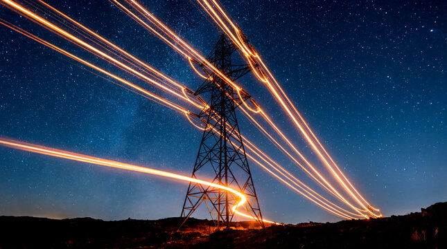 Power line electricity transmission tower light trail night sky star infrastructure power grid scene with glowing long