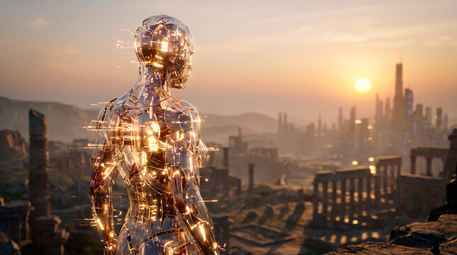A robot with a golden body made of countless small details and glowing elements stands against a backdrop of a ruined city and setting sun. A futuristic post-apocalyptic illustration.