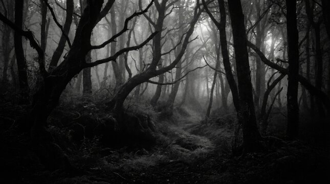 A black and white image of a dense and mysterious forest