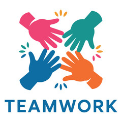 Obraz premium Colorful vector teamwork with four hands reaching out in a circle.