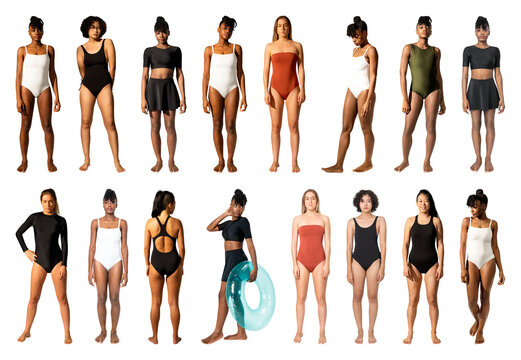 PNG Diverse swimwear fashion showcase on transparent background