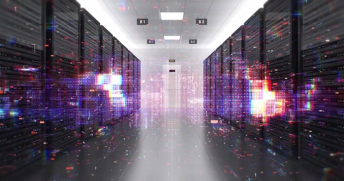Artificial intelligence cloud computing technology in a server room. Technology And AI Related 3D Animation.