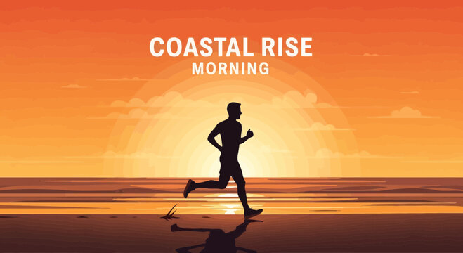 Runner At Sunrise Along The Coast, Silhouette In Front Of The Golden Sky's Dawn