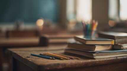 Fototapeta premium Classroom Desk with Books and Pencils
