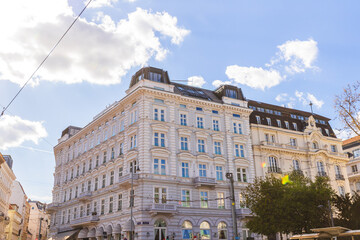 Fototapeta premium Historic residential apartment building facade in central Vienna Austria.
