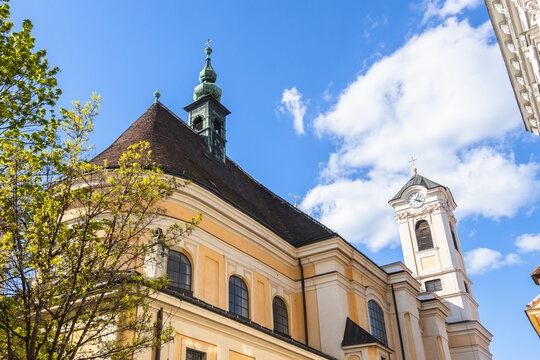Baroque facade of St. Ulrich Church at St. Ulrichs Platz in Vienna, Austria.