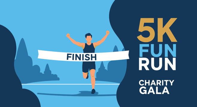 Runner Crossing Finish Line in 5K Fun Run for Charity Gala Event Illustration