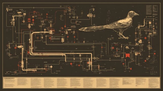 Detailed schematic diagram overlaid with a scientific illustration of a perching bird